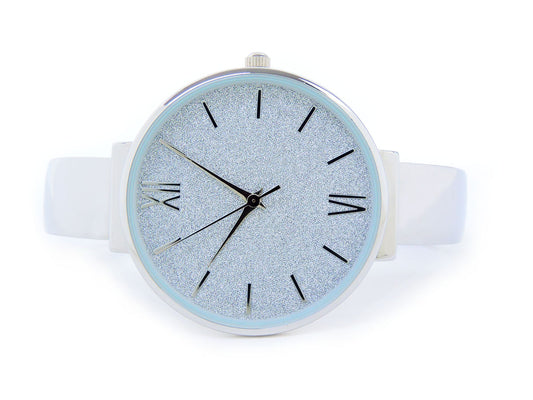 Silver Round Face Glittered Dial Fashion Women's Bangle Cuff Watch