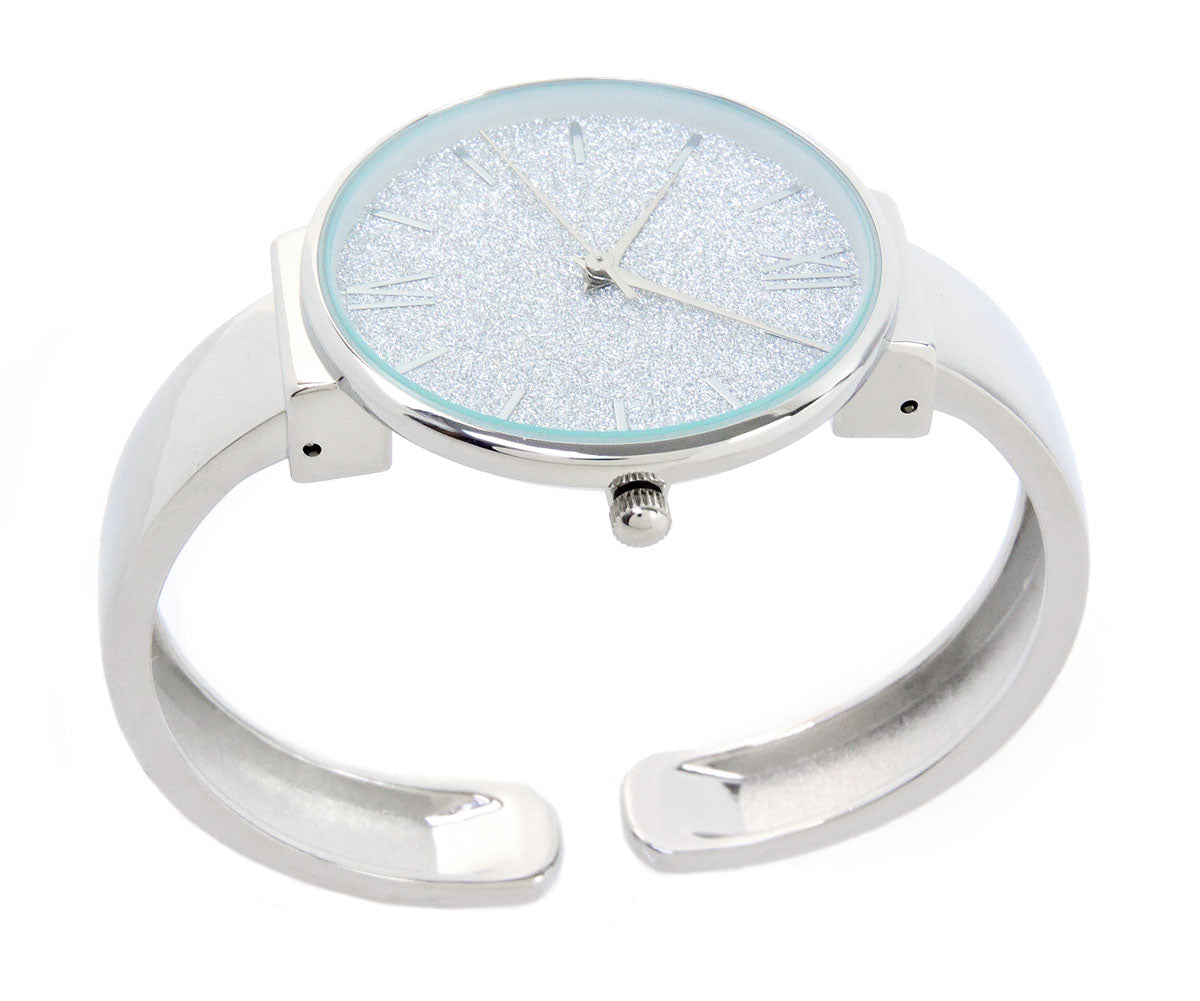 Silver Round Face Glittered Dial Fashion Women's Bangle Cuff Watch