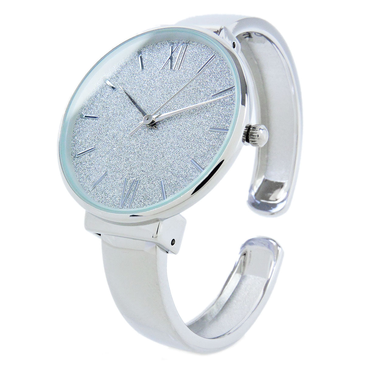 Silver Round Face Glittered Dial Fashion Women's Bangle Cuff Watch