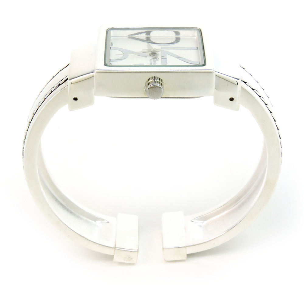 Silver Square Dial with Oversized Hours, Stitch Style Bangle Cuff Watch for Women