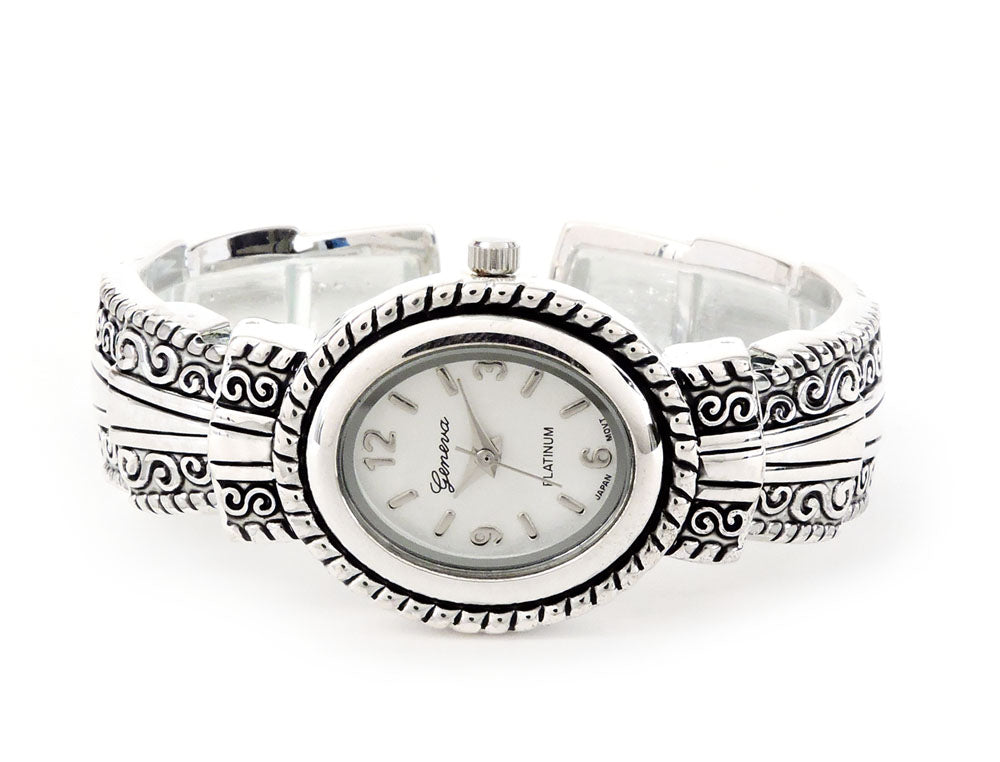 Silver Metal Western Style Decorated Oval Face Women's Bangle Cuff Watch
