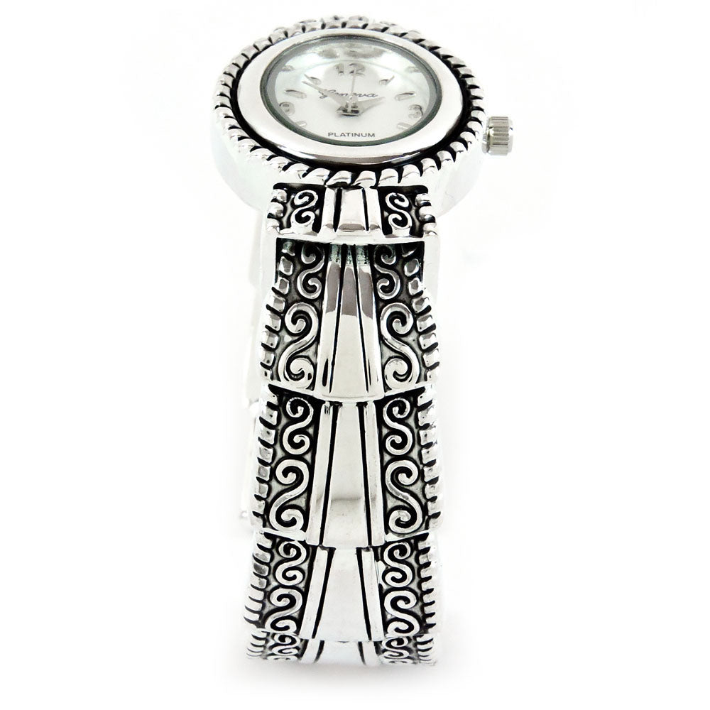 Silver Metal Western Style Decorated Oval Face Women's Bangle Cuff Watch