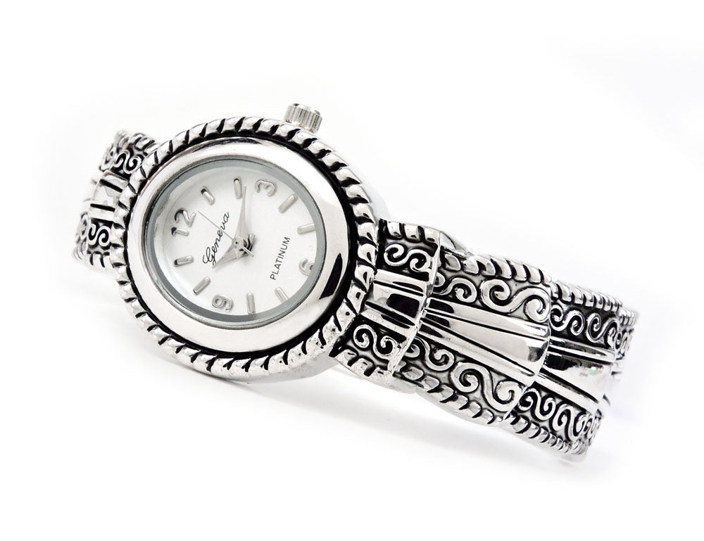 Silver Metal Western Style Decorated Oval Face Women's Bangle Cuff Watch