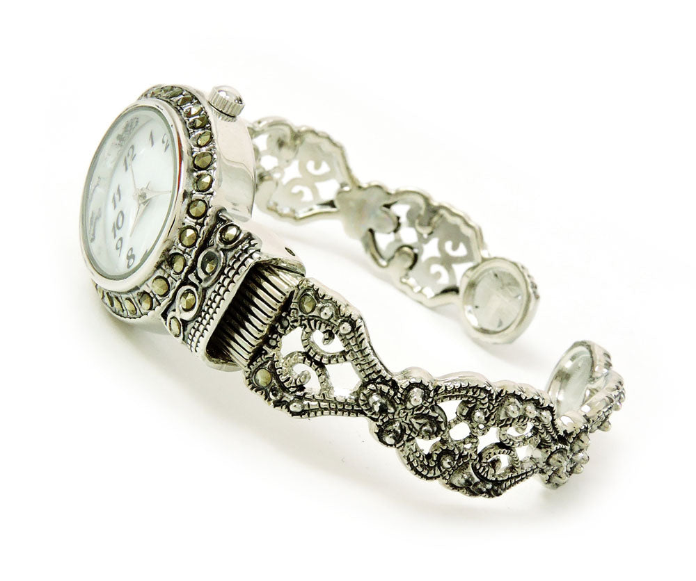 Silver Black Vintage Style Marcasite Crystal Oval Face Women's Bangle Cuff Watch