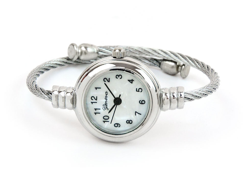Silver Cable Band Mother of Pearl Dial Small Size Women's Bangle Cuff Watch