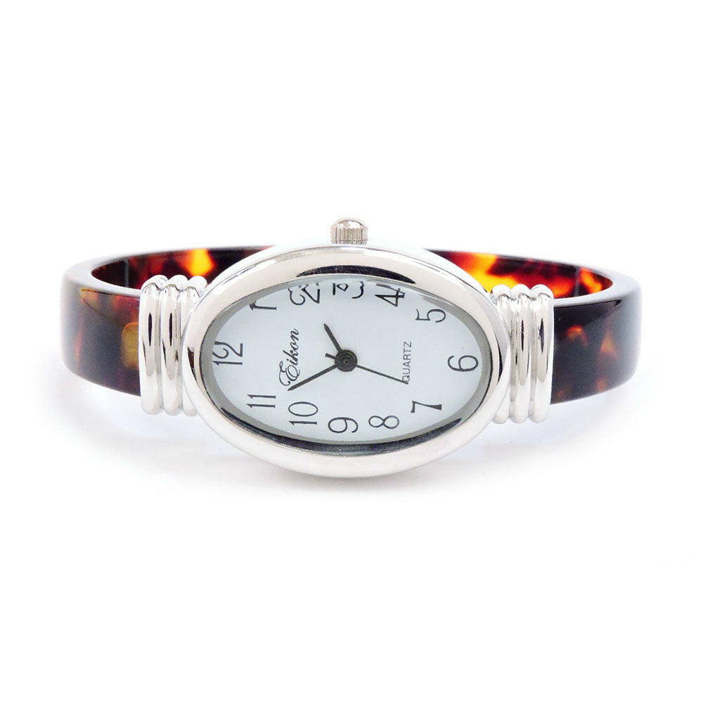 Tortoise Silver Acrylic Band Oval Face Women's Eikon Bangle Cuff Watch