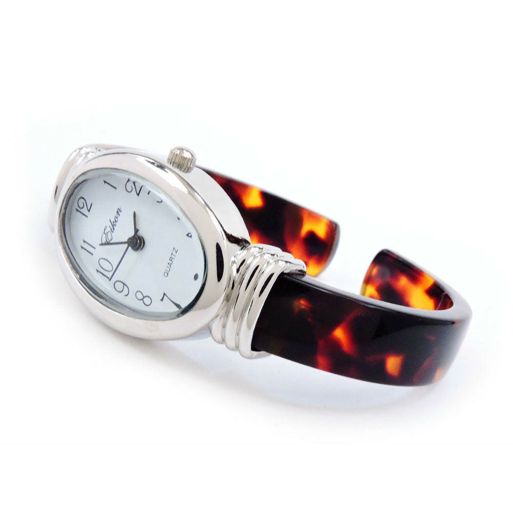Tortoise Silver Acrylic Band Oval Face Women's Eikon Bangle Cuff Watch