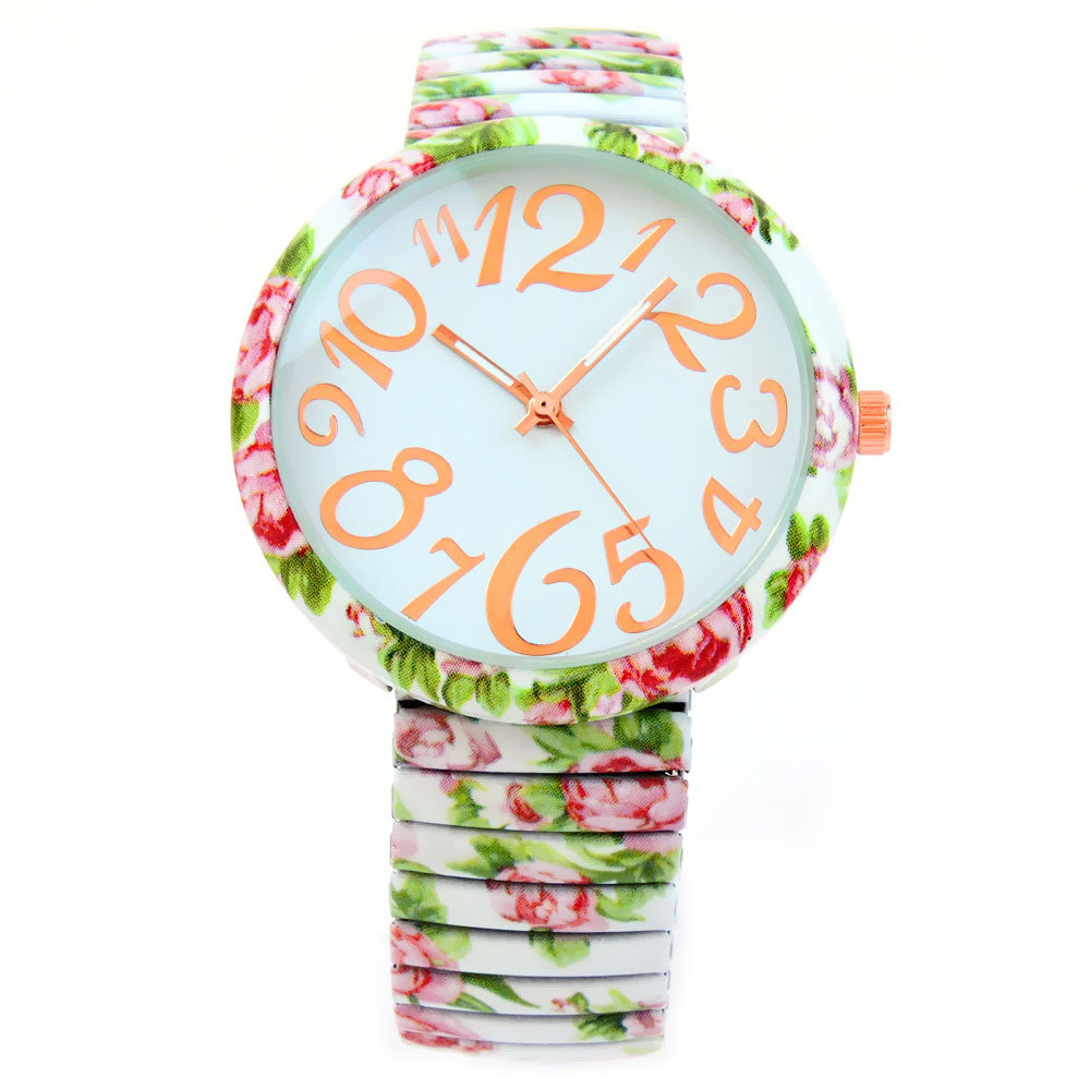 White Roses Floral Print Large Face Easy to Read Stretch Band Extension Women's Watch