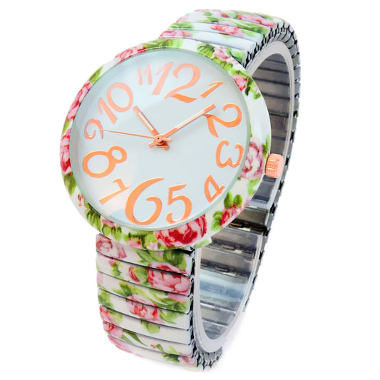 White Roses Floral Print Large Face Easy to Read Stretch Band Extension Women's Watch