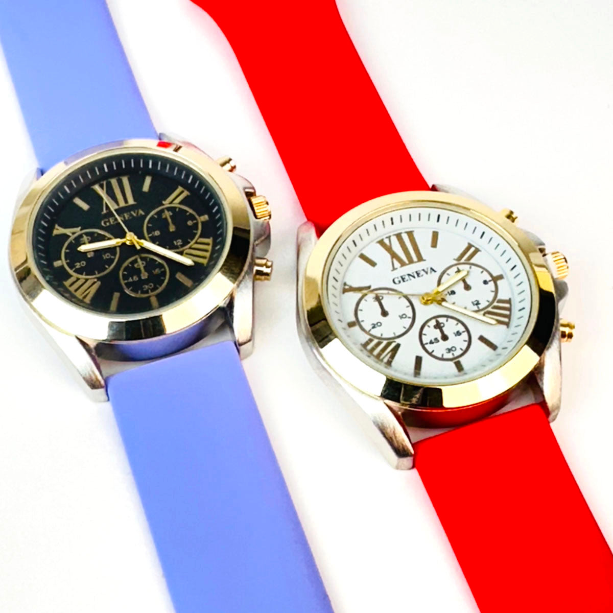 CLEARANCE SALE - 2 pcs Geneva Women's Silicone Easy Pin-Buckle Strap Watch - Red & Lilac