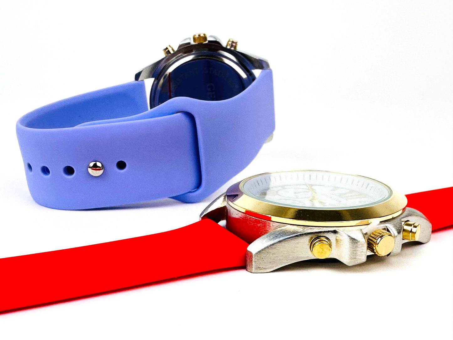 CLEARANCE SALE - 2 pcs Geneva Women's Silicone Easy Pin-Buckle Strap Watch - Red & Lilac