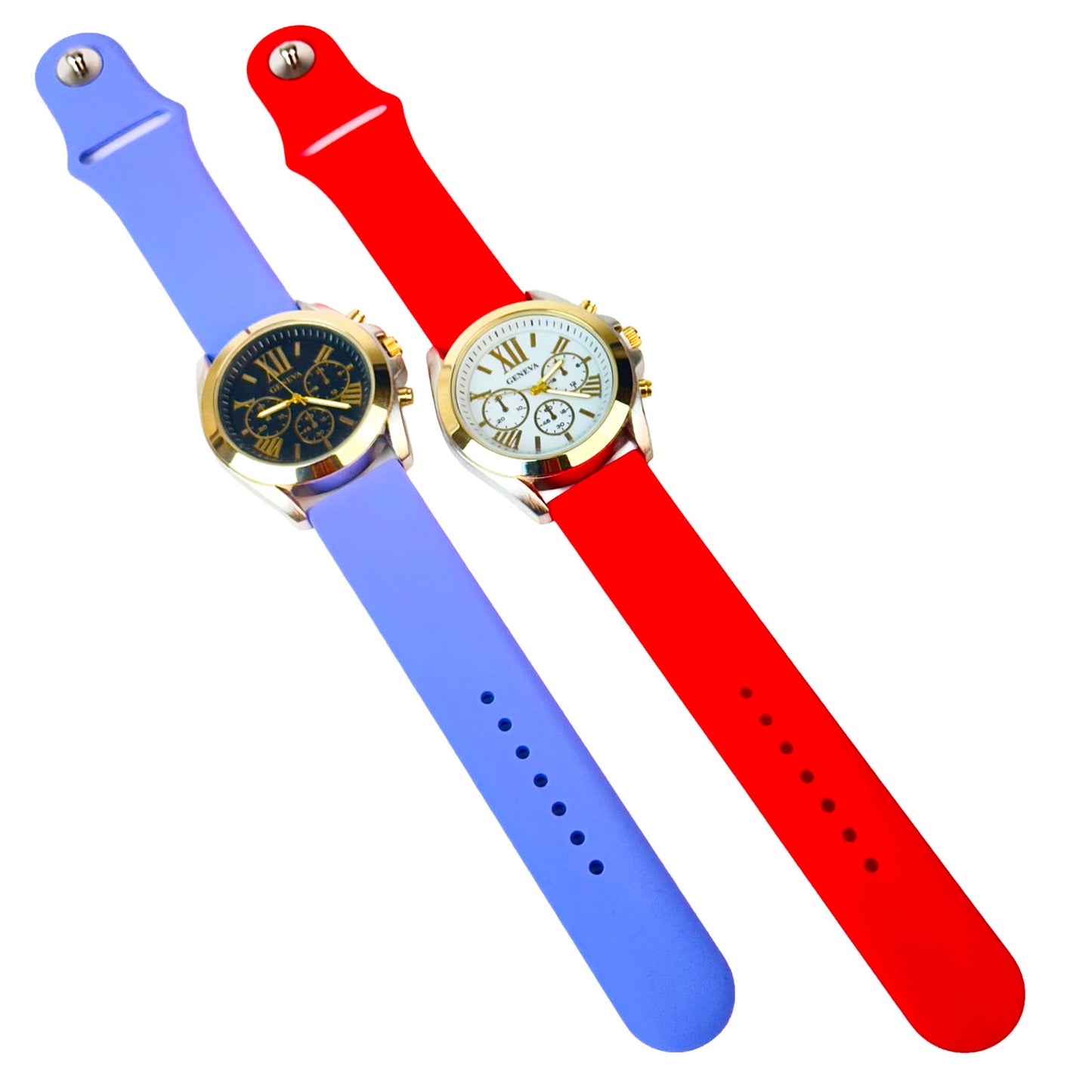 CLEARANCE SALE - 2 pcs Geneva Women's Silicone Easy Pin-Buckle Strap Watch - Red & Lilac