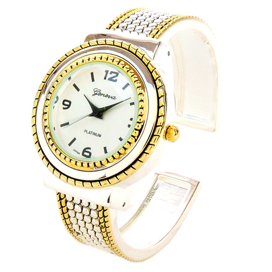 2Tone Round Face Dot Pattern Women's Bangle Cuff Watch