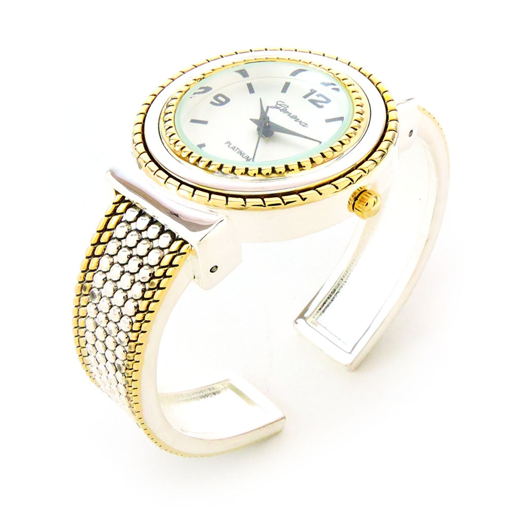 2Tone Round Face Dot Pattern Women's Bangle Cuff Watch