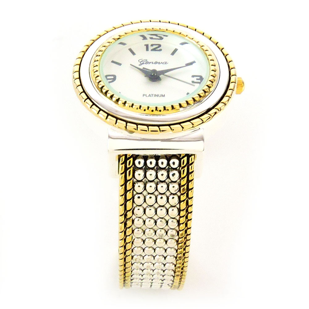 2Tone Round Face Dot Pattern Women's Bangle Cuff Watch
