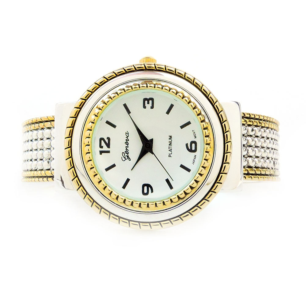 2Tone Round Face Dot Pattern Women's Bangle Cuff Watch
