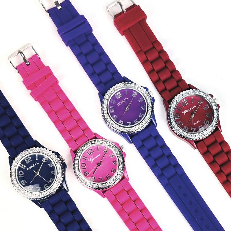 CLEARANCE SALE - Geneva Silicon 4 Colors Band Watch Wholesale Crystal –  ShowTime Collection