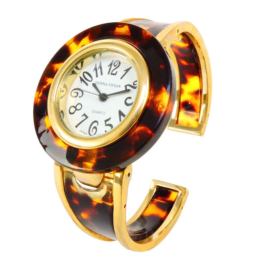 Tortoise Gold Acrylic Band Large Round Face Women's Bangle Cuff Watch