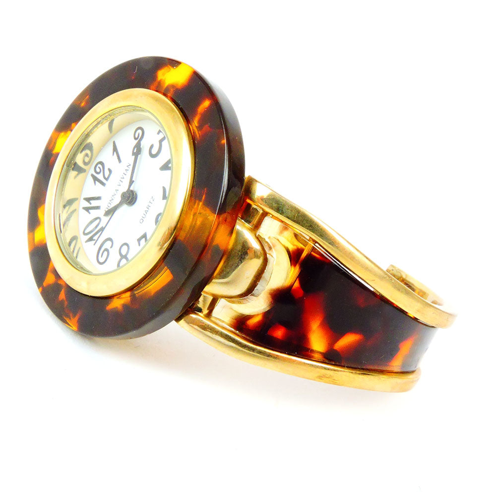 Tortoise Gold Acrylic Band Large Round Face Women's Bangle Cuff Watch