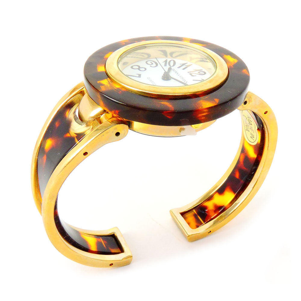Tortoise Gold Acrylic Band Large Round Face Women's Bangle Cuff Watch