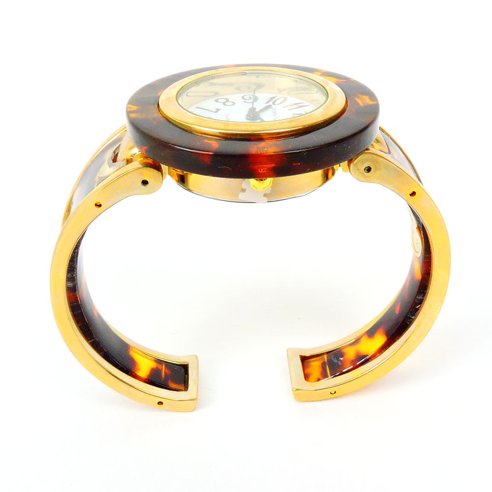 Tortoise Gold Acrylic Band Large Round Face Women's Bangle Cuff Watch