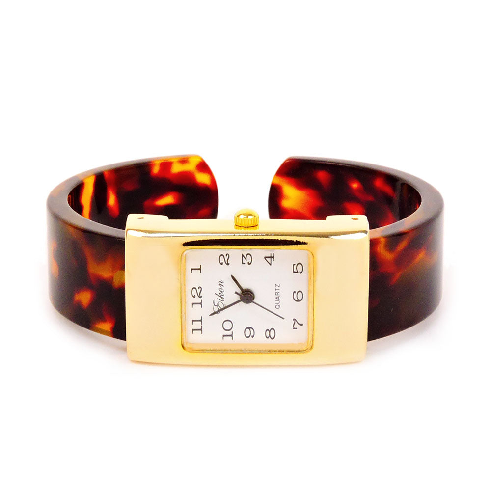 Tortoise Gold Acrylic Band Rectangle Face Women's Bangle Cuff Watch