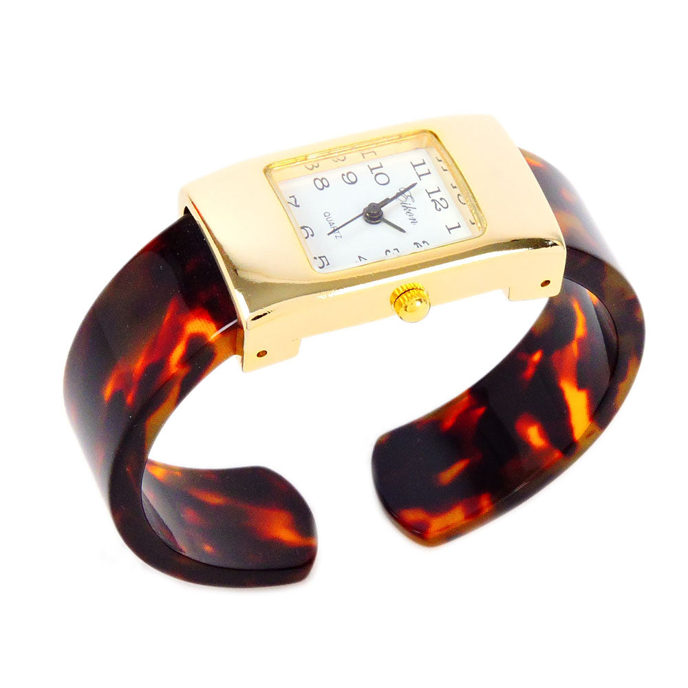 Tortoise Gold Acrylic Band Rectangle Face Women's Bangle Cuff Watch