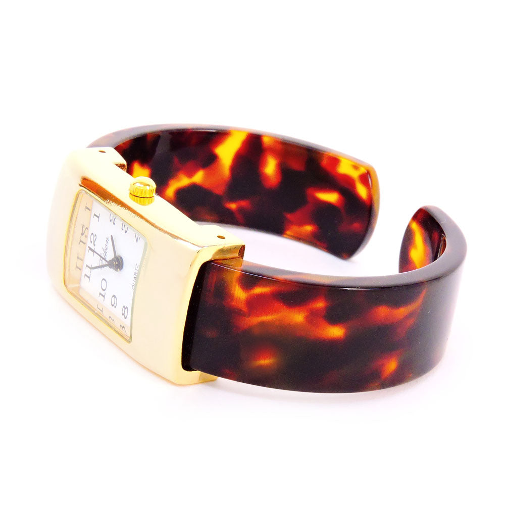Tortoise Gold Acrylic Band Rectangle Face Women's Bangle Cuff Watch