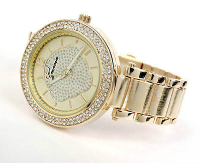 Gold Brushed Bracelet 3D Geneva Crystal Bezel Women's Boyfriend Style Large Watch