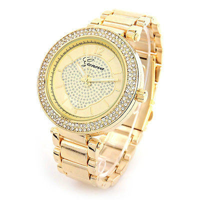 Gold Brushed Bracelet 3D Geneva Crystal Bezel Women's Boyfriend Style Large Watch