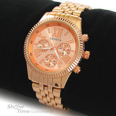 Rose Gold 3D Roman Hours Large Bracelet Boyfriend Style Geneva Women's Wrist Watch