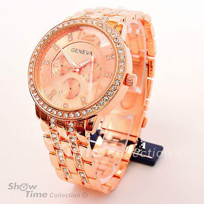 Rose Gold 3D Geneva Crystal Bezel Large Bracelet Boyfriend Style Women's Watch