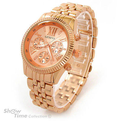 Rose Gold 3D Roman Hours Large Bracelet Boyfriend Style Geneva Women's Wrist Watch