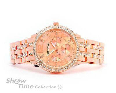 Rose Gold 3D Geneva Crystal Bezel Large Bracelet Boyfriend Style Women's Watch