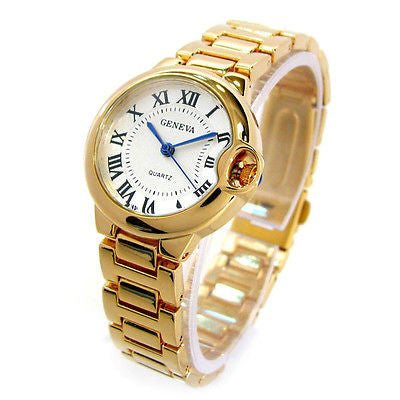 Gold Geneva Small Case Classic Roman Dial Women's Bracelet Watch