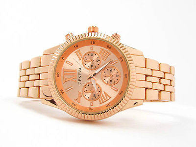 Rose Gold 3D Roman Hours Large Bracelet Boyfriend Style Geneva Women's Wrist Watch