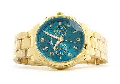 New Gold Geneva Globe Dial Boyfriend Style Women's Watch