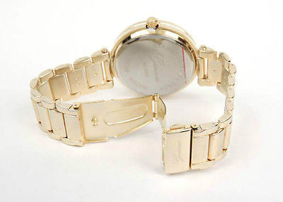 Gold Brushed Bracelet 3D Geneva Crystal Bezel Women's Boyfriend Style Large Watch