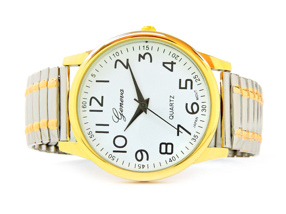 2Tone Large Size Face Easy to Read Geneva Stretch Band Watch