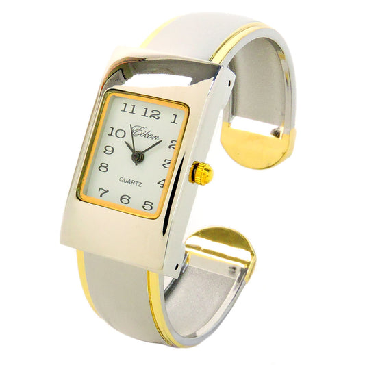 2Tone Small Size Rectangle Case Easy to Read Women's Bangle Cuff Watch