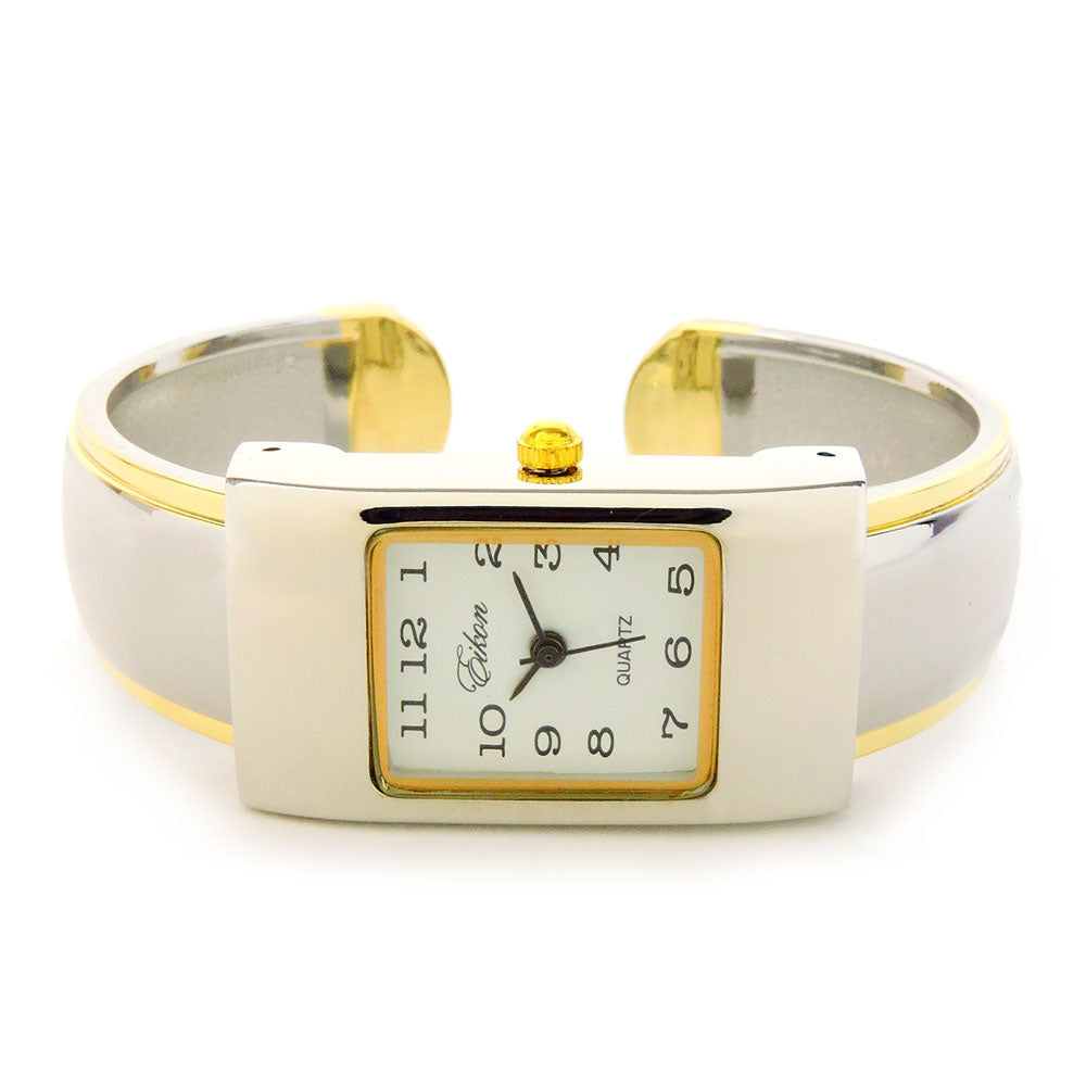 2Tone Small Size Rectangle Case Easy to Read Women's Bangle Cuff Watch