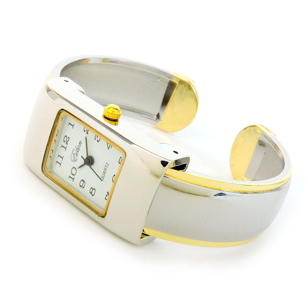 2Tone Small Size Rectangle Case Easy to Read Women's Bangle Cuff Watch