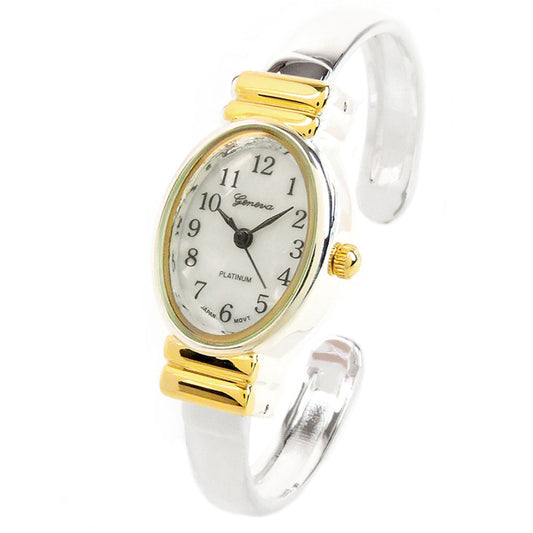 2Tone Small Size Oval Face Metal Band Women's Bangle Cuff Watch