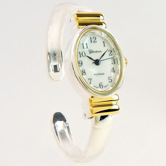 2Tone Small Size Oval Face Metal Band Women's Bangle Cuff Watch