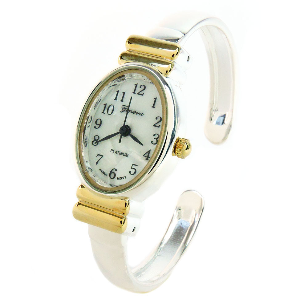 2Tone Small Size Oval Face Metal Band Women's Bangle Cuff Watch