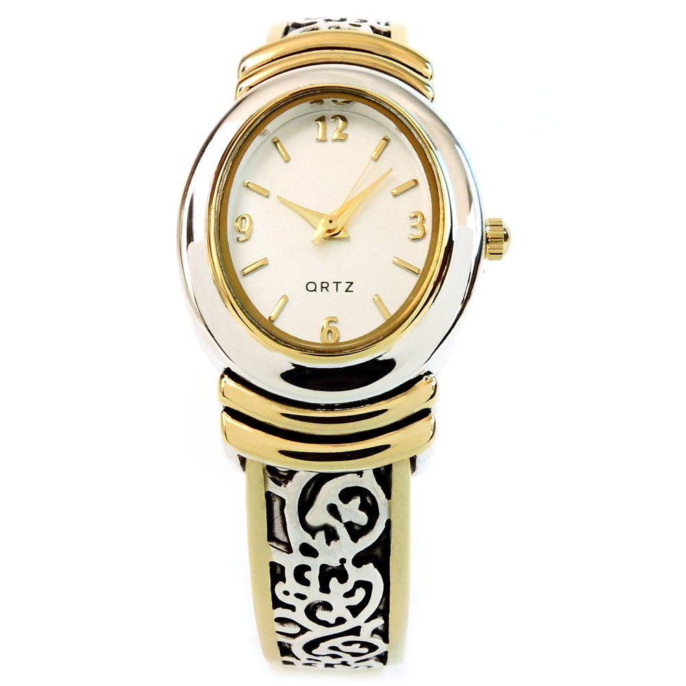 2Tone Western Style Decorated Oval Face Women's Bangle Cuff Watch