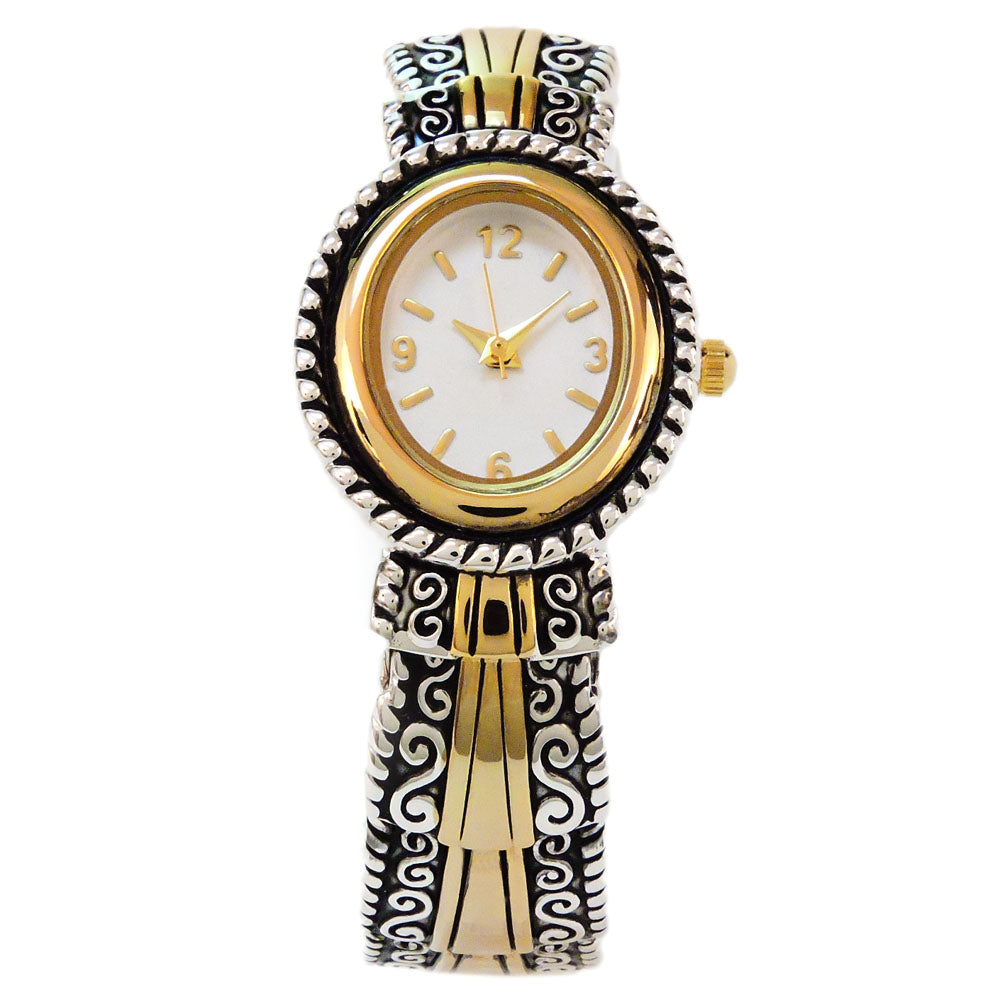 2Tone Metal Western Style Decorated Oval Face Women's Bangle Cuff Watch