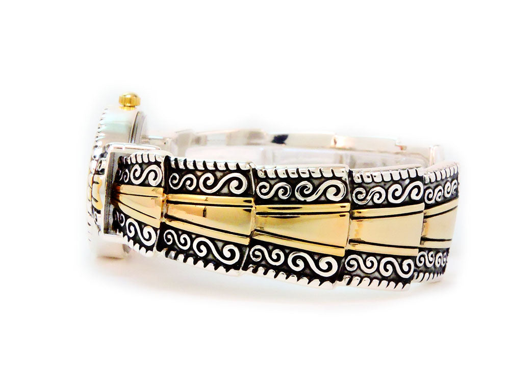 2Tone Metal Western Style Decorated Oval Face Women's Bangle Cuff Watch