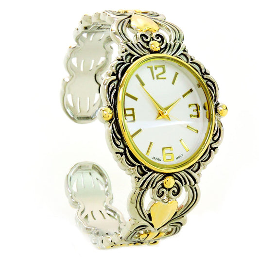 2Tone Metal Decorated Large Oval Face Women's Bangle Cuff Watch