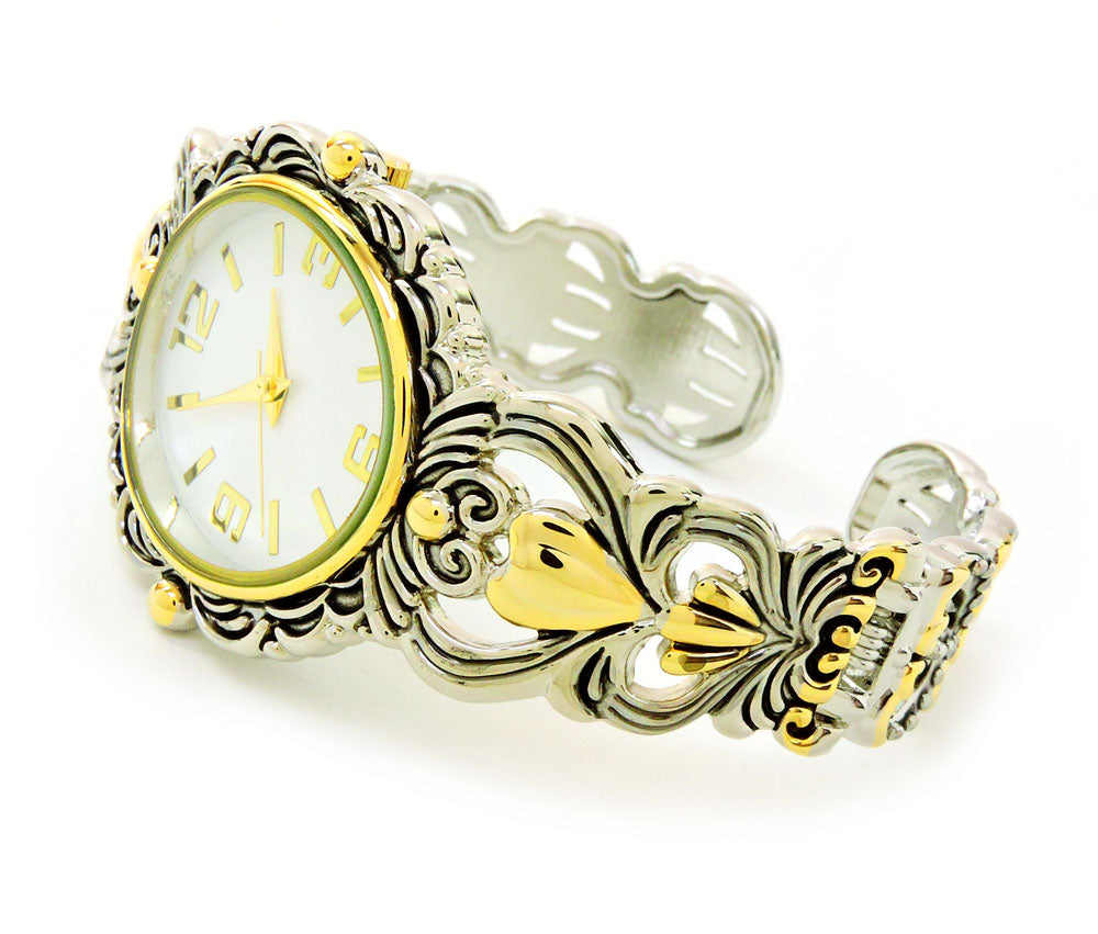 2Tone Metal Decorated Large Oval Face Women's Bangle Cuff Watch